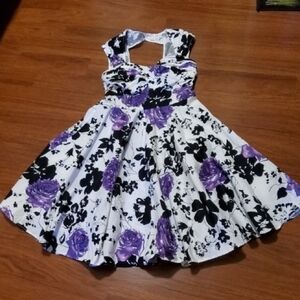 Vintage Dollz & Dames Floral Dress with Purple and Black Accents Size M